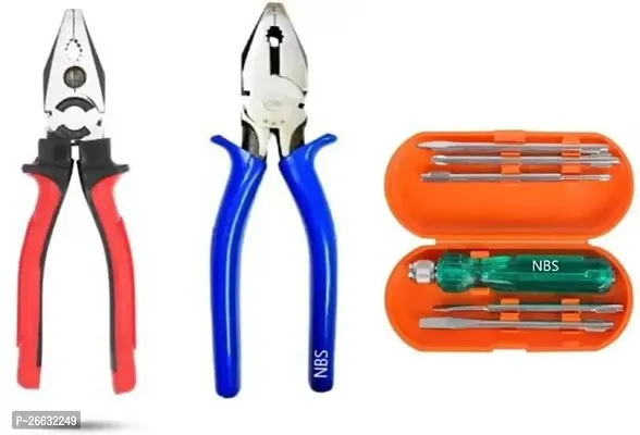 Nbs 2X1 Screwdriver-4 Inch (+/-) With Double Colour Grip Plier-8 Inch,Crv Lineman Plier-8 Inch Hand Tool Kit (7 Tools)