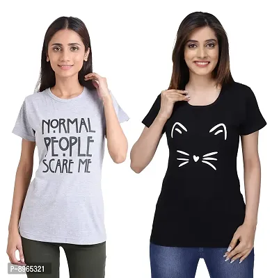 Neo Garments Women Cotton Round Neck Pack of 2pcs Combo T-Shirt. Normal People (Grey)  Meow (Black). | (Size -Small to 3XL) |