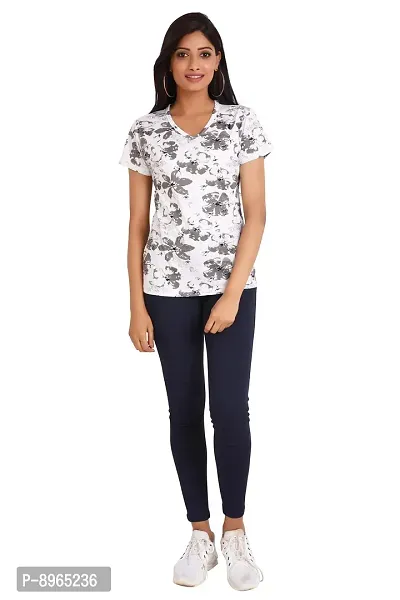 Neo Garments Women Cotton V-Neck Half Sleeve T-Shirt. All Over Print - Grey Flower White. (Size - S to 3XL) |-thumb4