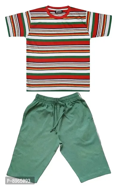Neo Garments Boys Round Neck Cotton Striped T-Shirt  3/4 Set for Kids. (7YRS to 13YRS). - RED.