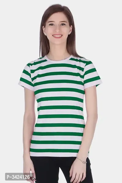 Women's Cotton Round Neck Half Sleeve Stripe T-Shirt (Green  Acroo)