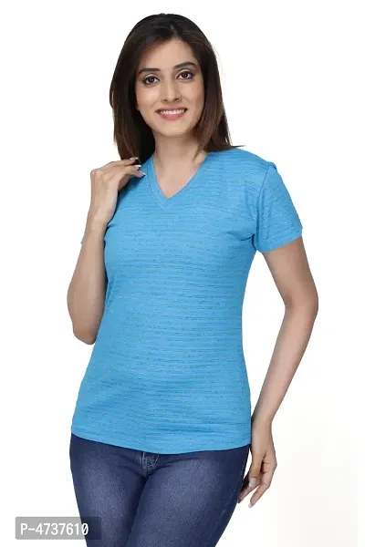 Fashionable Blue Cotton V Neck T-Shirt For Women-thumb0