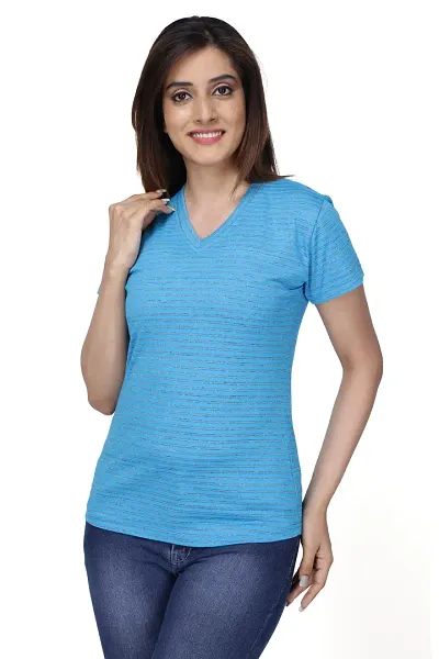 Fashionable Multicoloured Cotton V Neck T-Shirt For Women
