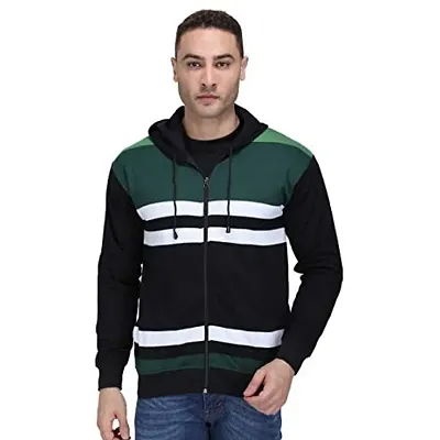 Neo Garments Men's Cotton Hooded Pullover Sweatshirt with Kangaroo Pockets - Sizes from XS to 2XL (Green  Black Fat Stripes).