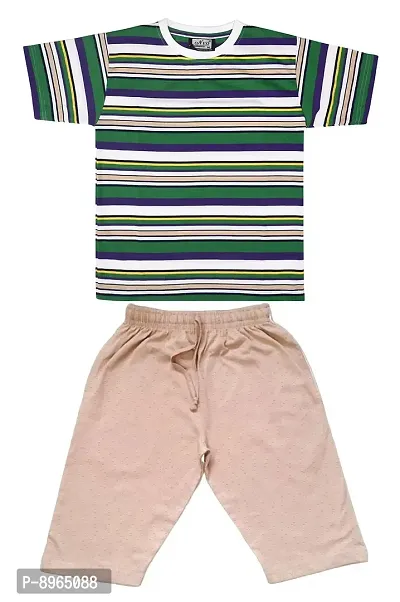Neo Garments Boys Round Neck Cotton Striped T-Shirt  3/4 Set for Kids. (7YRS to 13YRS). - Green.
