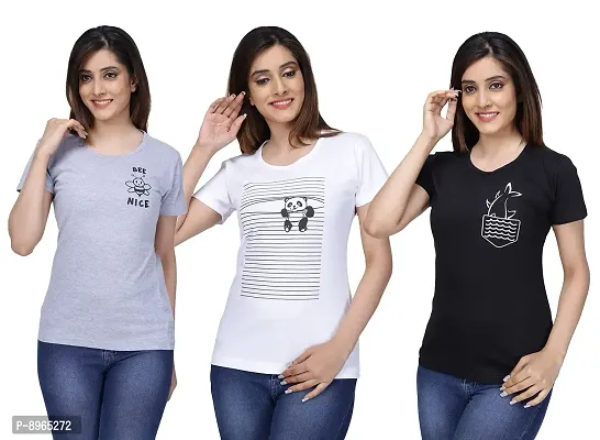 Neo Garments Women Cotton Round Neck Combo T-Shirt. Panda (White), BEEG (Grey), Fish (Black). | (Size -Small to 3XL) |