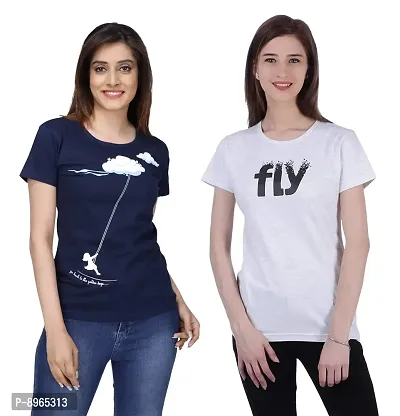 Neo Garments Women Cotton Round Neck Pack of 2pcs Combo T-Shirt. Swing (NAVYBLUE)  Fly (ACROO MILANCHE). | (Size -Small to 3XL) |-thumb0