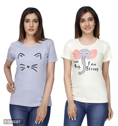 Neo Garments Women Cotton Round Neck Pack of 2pcs Combo T-Shirt. Meow (Grey)  I AM Veg (Yellow). | (Size -Small to 3XL) |