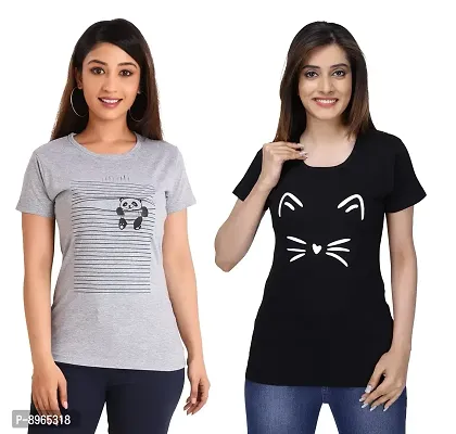 Neo Garments Women Cotton Round Neck Pack of 2pcs Combo T-Shirt. Panda (Grey)  Meow (Black). | (Size -Small to 3XL) |