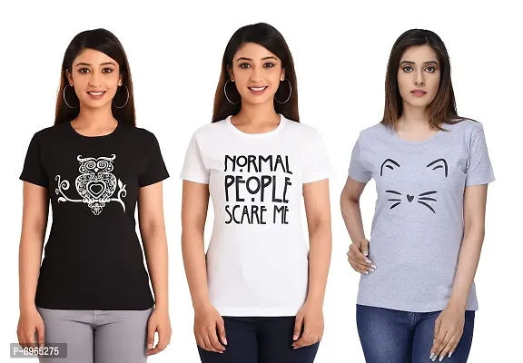 Neo Garments Women Cotton Round Neck Combo T-Shirt. OWL (Black), Normal People (White), Meow (Grey). | (Size -Small to 3XL) |-thumb0