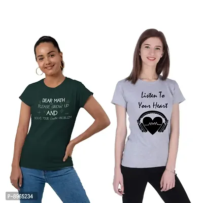 Neo Garments Womenrsquo;s Cotton Round Neck Combo T-Shirt | Dear Math Please Grow UP and Solve Your OWN Problem. (Green)  Listen to Your Heart (Grey) | Pack of 2PCS | Size Small to 3XL |-thumb0