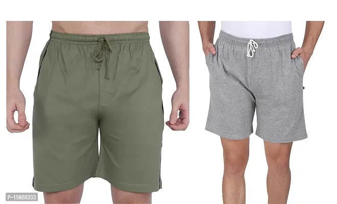 Neo Garments Men's Cotton Short Pant ? Pack of 2 (Olive  Grey) Long Shorts (Sizes : M to 7XL)