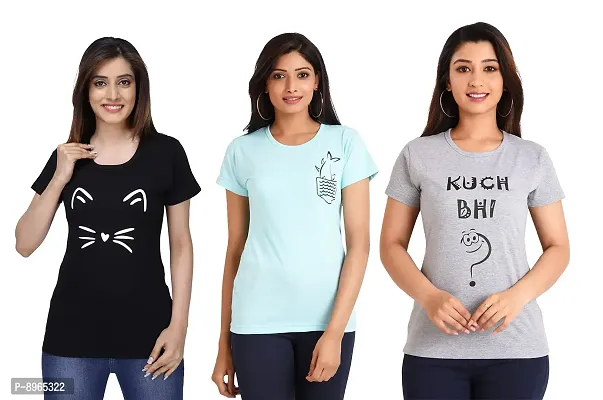 Neo Garments Women Cotton Round Neck Combo T-Shirt. Meow (Black), Fish (Turqouise), KUCH BHI (Grey). | (Size -Small to 3XL) |