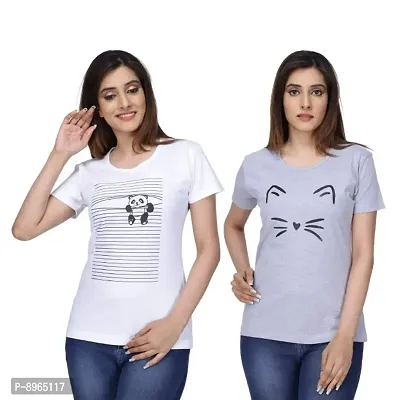 Neo Garments Women's Cotton Round Neck T Shirt Combo. Panda (White)  Meow (Grey) - Pack of 2/ (Size: Small to 3XL).