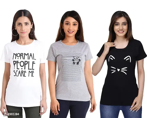 Neo Garments Women Cotton Round Neck Pack of 3pcs Combo T-Shirt. Normal People (White), Panda (Grey), Meow (Black). | (Size -Small to 3XL) |