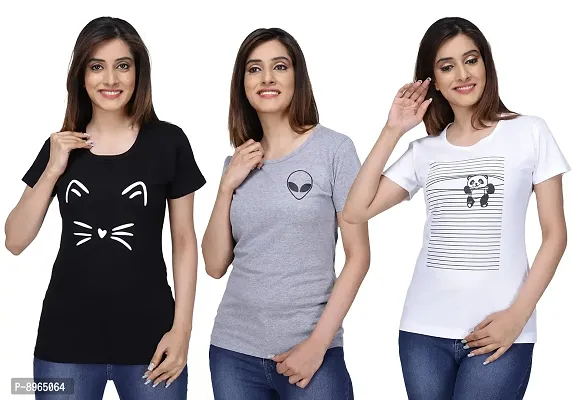 Neo Garments Women Cotton Round Neck T-Shirt | (Size - Small to 8XL) | Meow (Black), Alien (Grey), Panda (White) | Combo Pack of 3PCS |