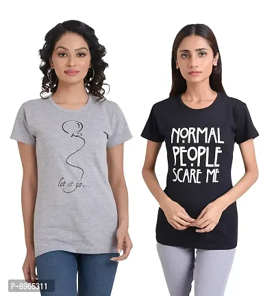 Neo Garments Women Cotton Round Neck Pack of 2pcs Combo T-Shirt. LET IT GO (Grey)  Normal People (Black). | (Size -Small to 3XL) |