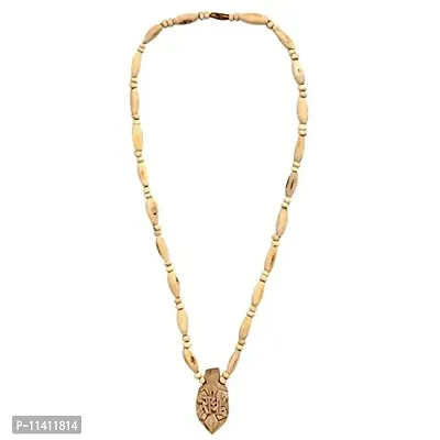 DEVAMA THE DIVINE Natural Pure Tulsi Necklace with Iskon Radha Name Carved Pendant Necklace Holy Basil Tulsi Beads Short Necklace for Men & Women