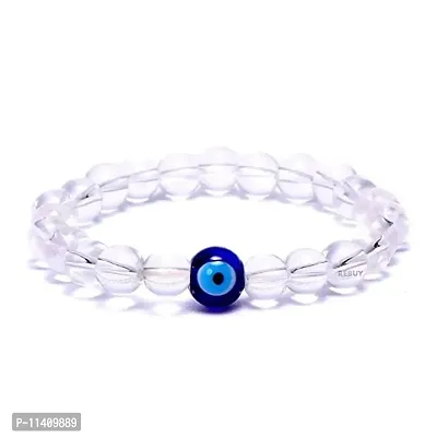 DEVAMA THE DIVINE Crystal Clear Quartz Sphatik Stone Bracelet with Evil Eye Stone 8 mm Beads Charm Bracelet for Men and Women-thumb0