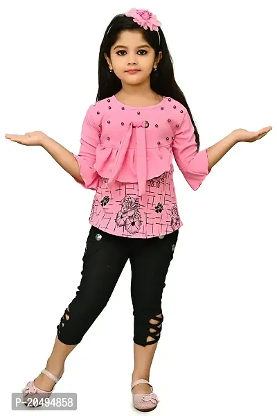 AS LIFE FASHION Rayon Casual Floral Printed Frill Sleeves Top and Pant Set Set for Girls