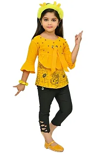 AS LIFE FASHION Rayon Casual Floral Printed Frill Sleeves Top and Pant Set Set for Girls-thumb1