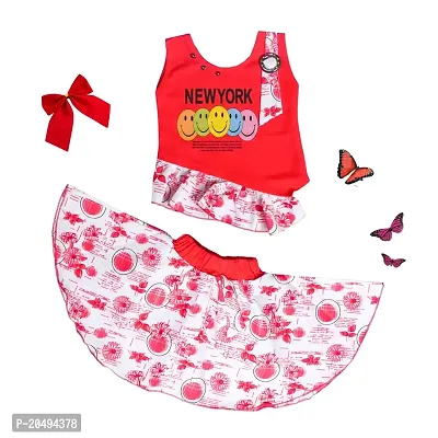 AS LIFE FASHION Cotton Blend Casual Smiley Printed Skirt Top Set for Girls