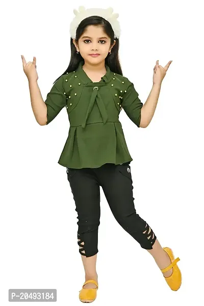 AS LIFE FASHION Crepe Casual Solid Top and Pant Set for Girls Kids-thumb0