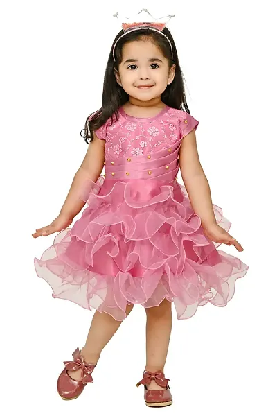 AS Life Fashion Net Casual Solid Frill Knee Length Frock Dress for Girls