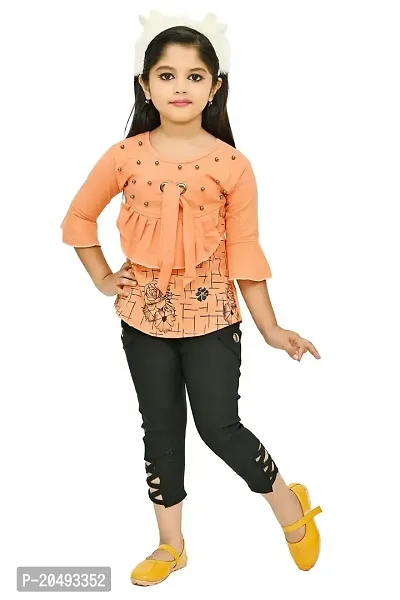 AS LIFE FASHION Crepe Casual Printed Top  Pant Set for Girls Kids