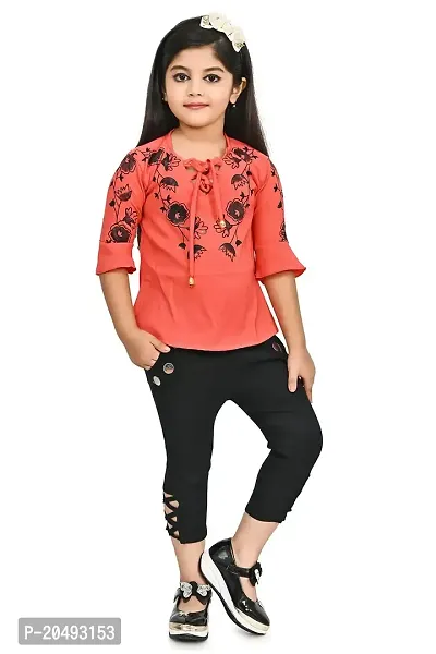 AS LIFE FASHION Crepe Casual Printed Top and Pant Set for Girls Kids-thumb0
