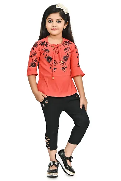 AS LIFE FASHION Crepe Casual Printed Top and Pant Set for Girls Kids
