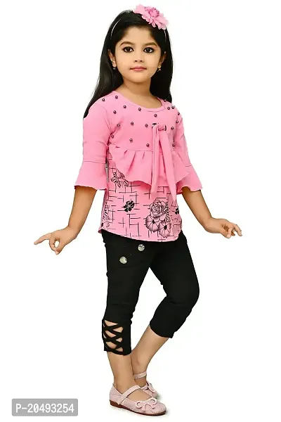 AS LIFE FASHION Crepe Casual Printed Top  Pant Set for Girls Kids-thumb2