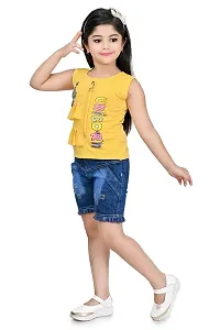 AS LIFE FASHION Cotton Blend Casual Printed Top and Denim Shorts Set for Girls-thumb2