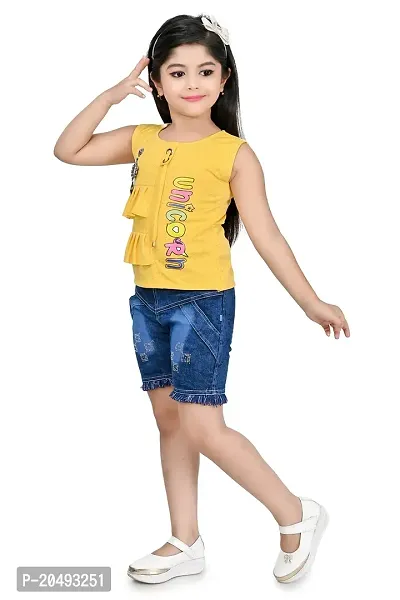 AS LIFE FASHION Cotton Blend Casual Printed Top and Denim Shorts Set for Girls-thumb3