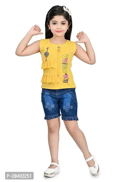 AS LIFE FASHION Cotton Blend Casual Printed Top and Denim Shorts Set for Girls-thumb0