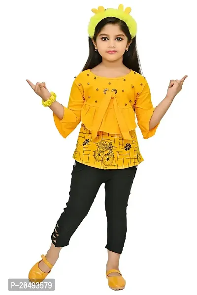 AS LIFE FASHION Rayon Casual Floral Printed Frill Sleeves Top and Pant Set Set for Girls