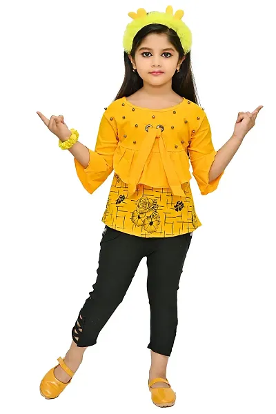 AS LIFE FASHION Rayon Casual Floral Printed Frill Sleeves Top and Pant Set Set for Girls