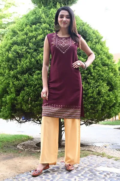 Stylish Rayon Round Neck Sleeveless Straight Kurta For Women