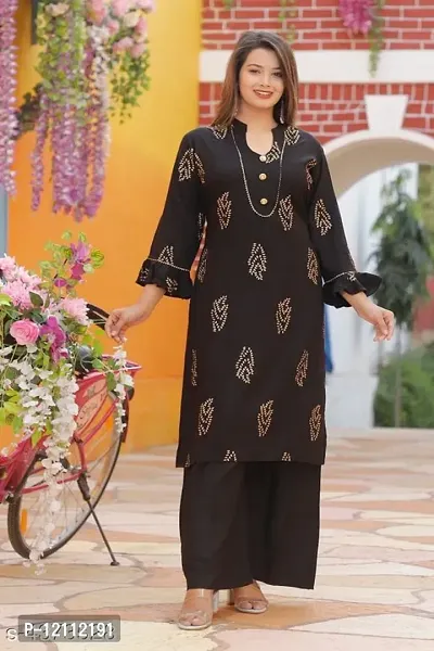 Attractive Black Floral Print Kurta and Palazzo Set For Women