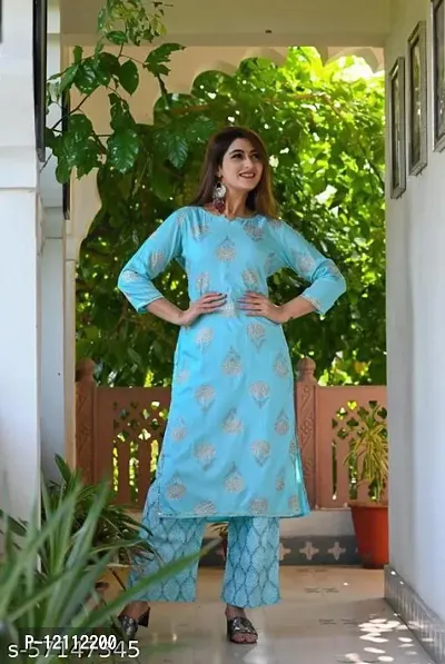 Attractive Blue Floral Print Kurta and Palazzo Set For Women-thumb0