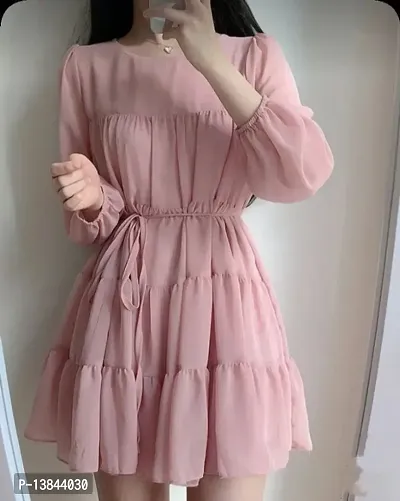 Womens Stylish Pink Georgette Layered 3/4th sleeves solid Midi Dress-thumb0