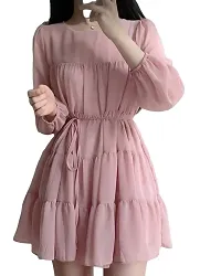 Womens Stylish Pink Georgette Layered 3/4th sleeves solid Midi Dress-thumb1