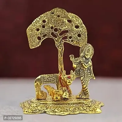 Classic Lord Krishna Playing Flute Under Tree with Golden Cow and Calf Decorative Showpiece