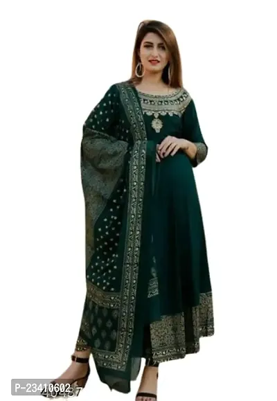 Tanush Fashion Anarkali Kurta with Pant and Dupatta Set (Dark Green) (Medium)