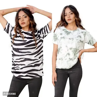 SHRIEZ Oversized Tshirt for Ladies Black Zebra & TD Green Printed T-Shirt Combo (Large)