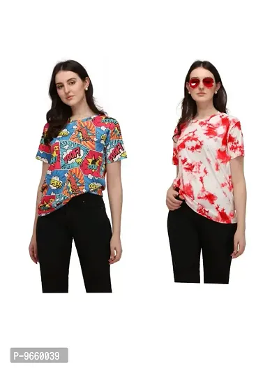 SHRIEZ Tshirt Over Size Lycra Printed Round Neck T-Shirt (Pack of 2) with Half Sleeves for Woman/Girls? (M, Multi-Whie-red)