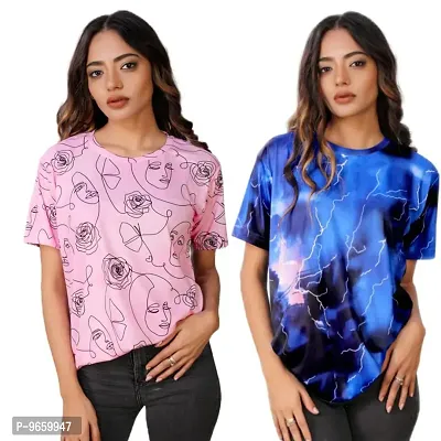 SHRIEZ Oversized Tshirt for Ladies Pink Face & Blue Thunderstorm T-Shirt for Women/Girls (Large)