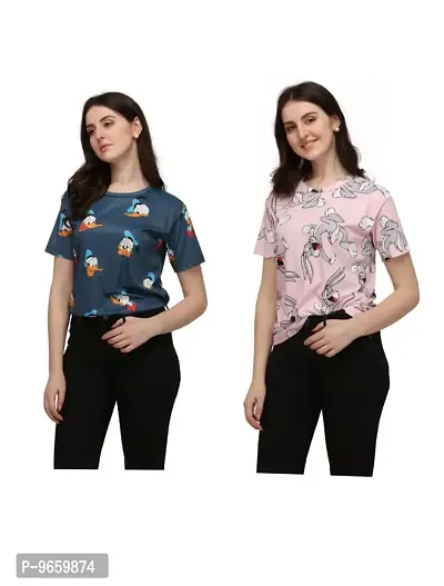 SHRIEZ T-Shirt Over Size Lycra Printed Round Neck T-Shirt with Half-Sleeves for Woman/Girls? {Pack of 2} (L, Blue-Light Peach)