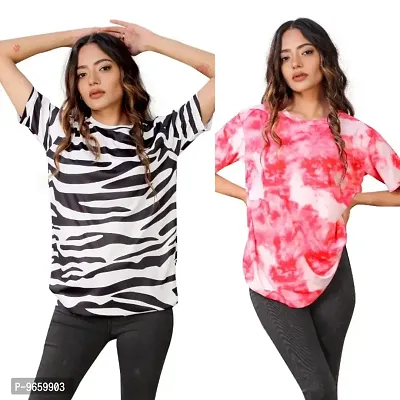 SHRIEZ T-Shirt Over Size Lycra | Printed Round Neck | T-Shirt with Half-Sleeves for Woman | Girls? Pack of 2 (XL, Zebra-Gajari)