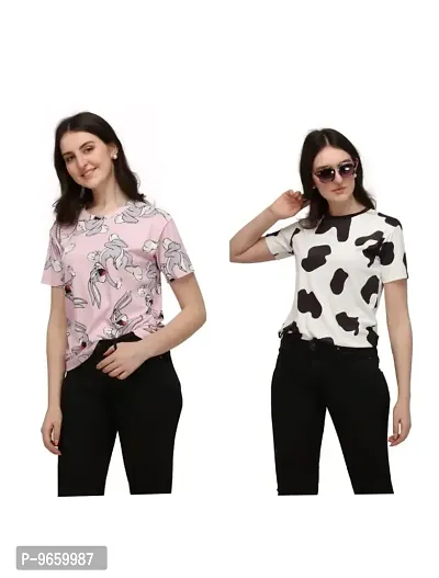 SHRIEZ Tshirt Over Size Lycra Printed Round Neck T-Shirt with Half Sleeves for Woman/Girls [Pack of 2] (L, Light Pink-Black-White)-thumb0